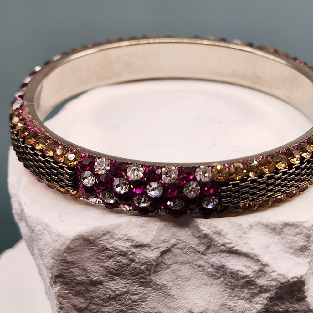 Pink Gold Clear Rhinestone Bangle Bracelet Mesh Accent Glam Statement Jewelry